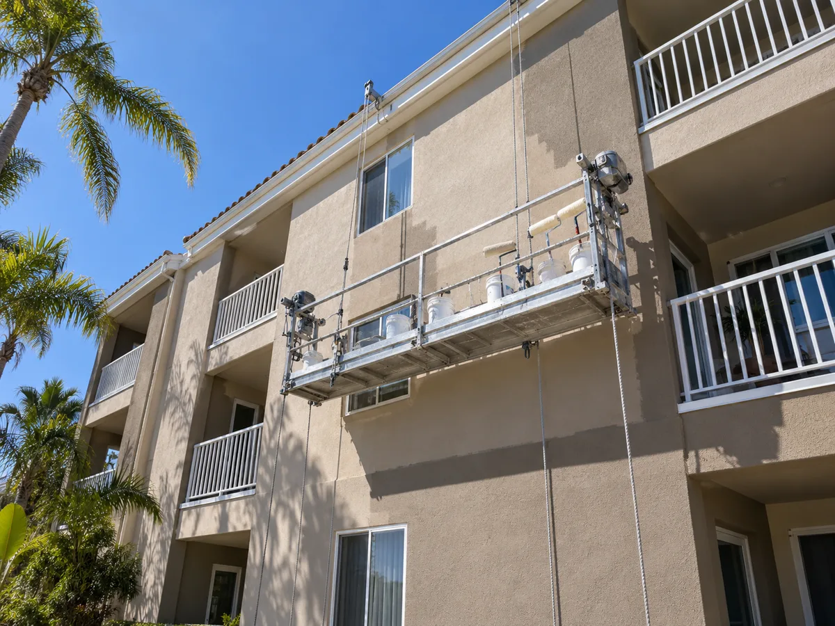 Three-story taupe stucco apartment building with white balcony railings and a suspended swing stage holding paint buckets and rollers, no one on it.