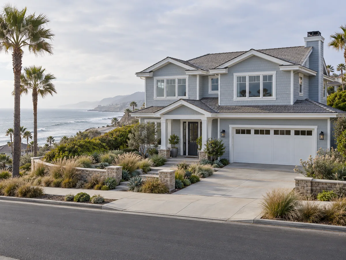 Two-story grey-blue shingle-style home with white trim and garage door, palm trees and native grasses in front, ocean and a hazy headland behind.
