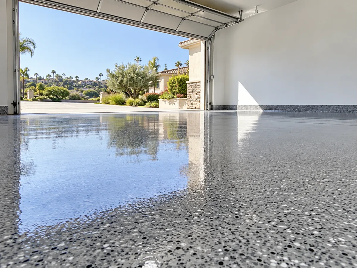 Glossy grey flake epoxy garage floor reflecting daylight, freshly painted white walls and the roll-up door open onto a driveway with palm trees.