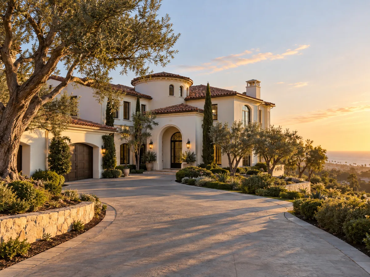 Cream stucco Mediterranean estate with a red tile roof, a round tower and an arched entry, a long curved paver drive through olive trees and hedges at golden hour, the ocean in the distance.