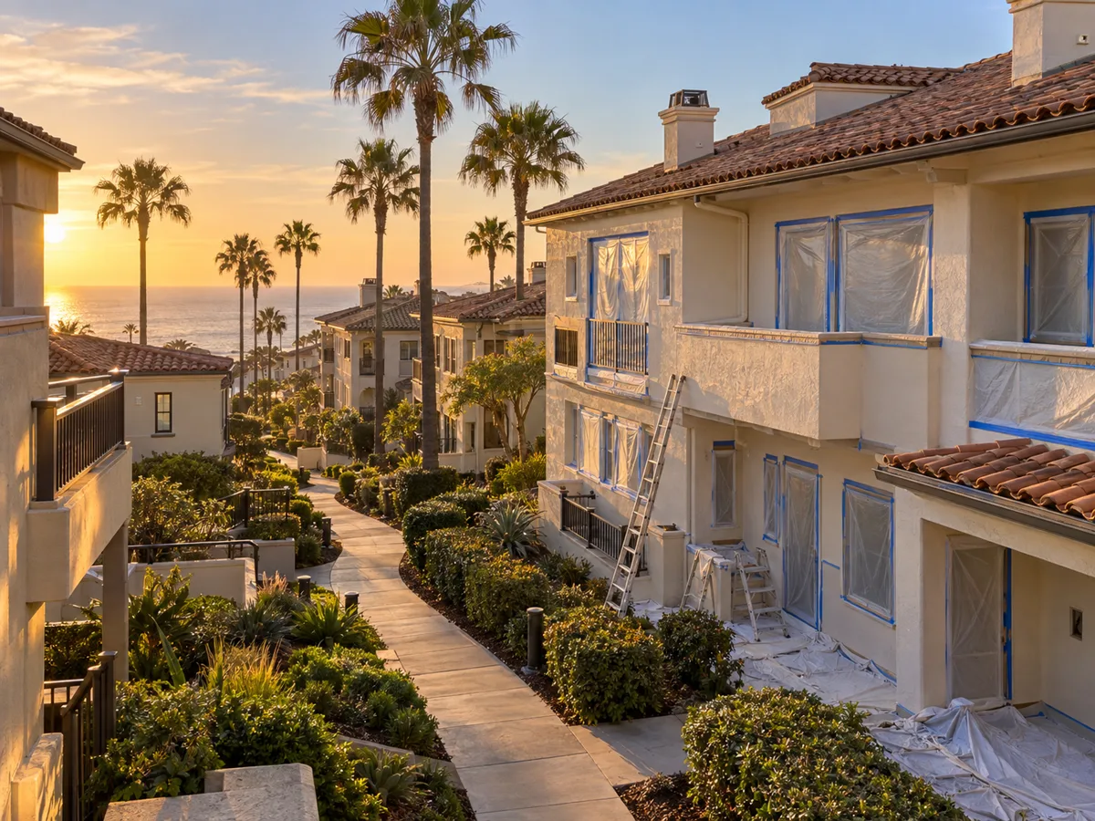 Cream stucco townhome buildings with tile roofs along a landscaped walkway at sunset, windows and doors covered in plastic and blue tape, ladders and drop cloths at the nearest building.