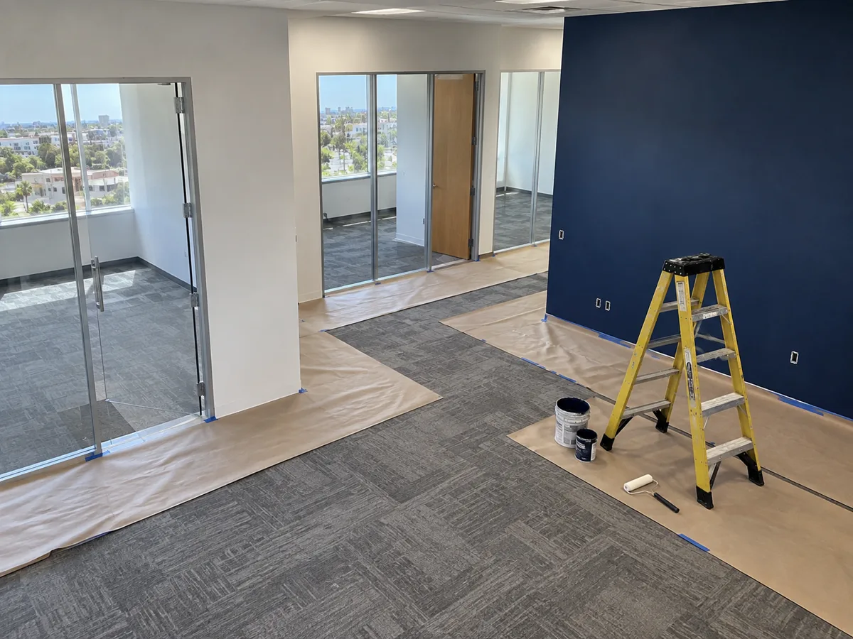 Office suite with fresh white walls and a deep navy accent wall, glass-fronted offices, carpet tiles covered with masking paper, a yellow stepladder, paint cans and a roller.