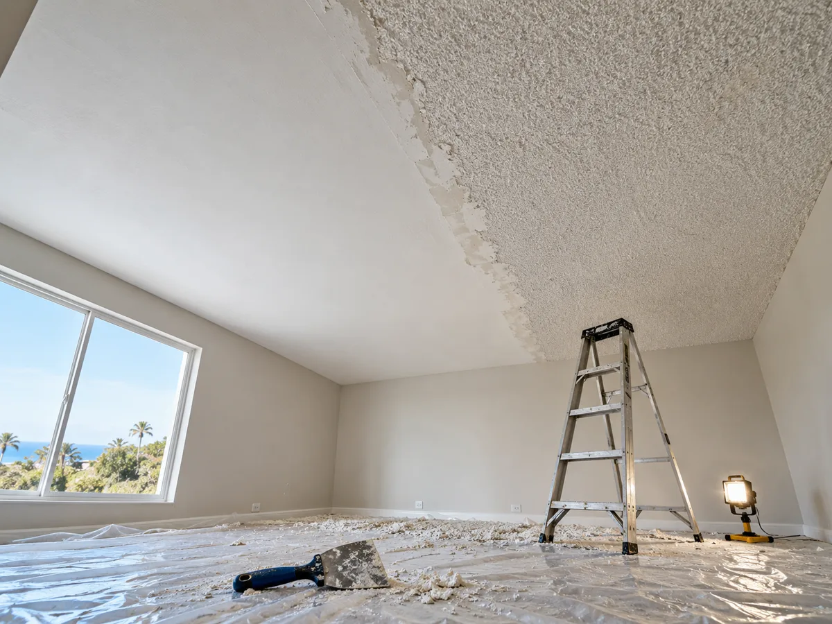 Empty room with the ceiling half scraped smooth and half still popcorn texture, plastic sheeting and debris on the floor, a stepladder, scraper and work light.