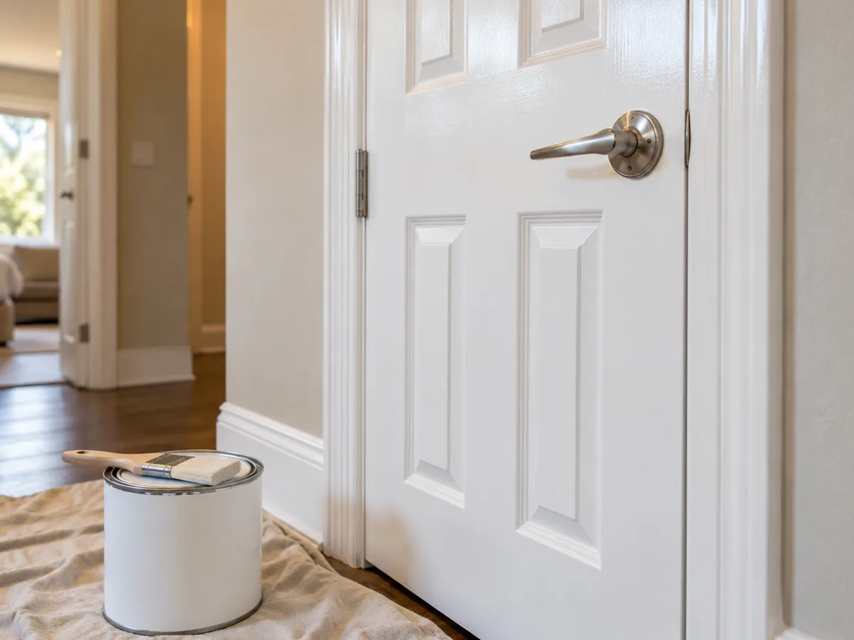 Freshly painted white six-panel interior door and casing with a lever handle, a paint can with a brush across its lid on a drop cloth at the base.