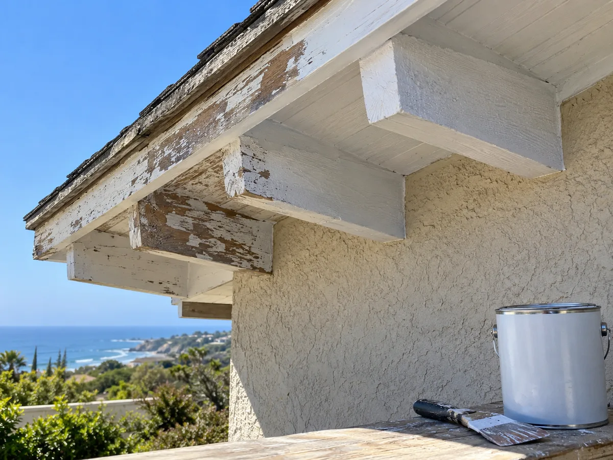 Close view of a ranch house eave with exposed wood rafter tails, the right side scraped and primed white and the left side still peeling old paint, stucco wall below, a paint scraper and a primer can on a wooden plank, ocean in the distance