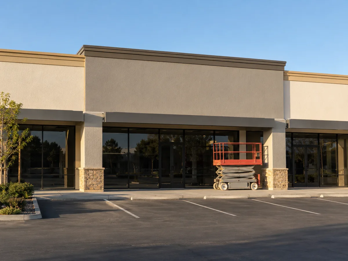 Single-storey stucco shopping-center storefront with a freshly painted warm grey bay and darker trim band, a scissor lift parked at the facade in early-morning light, dark glass shopfronts and an empty parking lot